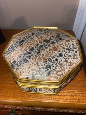 Vintage Fine Fabric with Gold thread and gold metal Octagon shaped Jewelry box